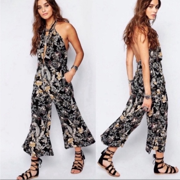 Free People Halter Crop Jumpsuit in Floral Black Combo - Picture 1 of 10